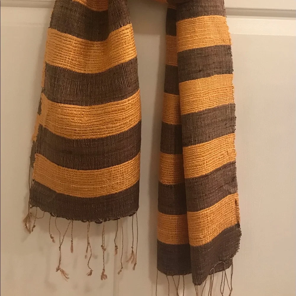 Handcrafted Thai Silk Scarf with Nubby Weave in Gold & Dark Brown - Picture 3 of 9